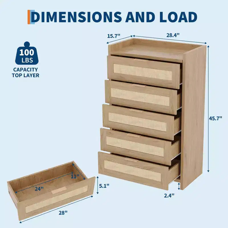 Cassettiera a 5 cassetti per camera da letto, Comodino in rattan e legno con maniglie dorate, Cassettiera da armadio alta 45 pollici, Organizer cassettiera per corridoio