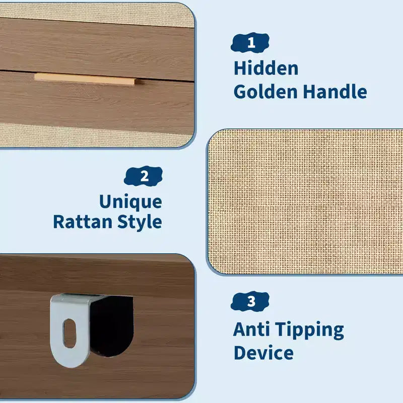 Cassettiera a 5 cassetti per camera da letto, Comodino in rattan e legno con maniglie dorate, Cassettiera da armadio alta 45 pollici, Organizer cassettiera per corridoio