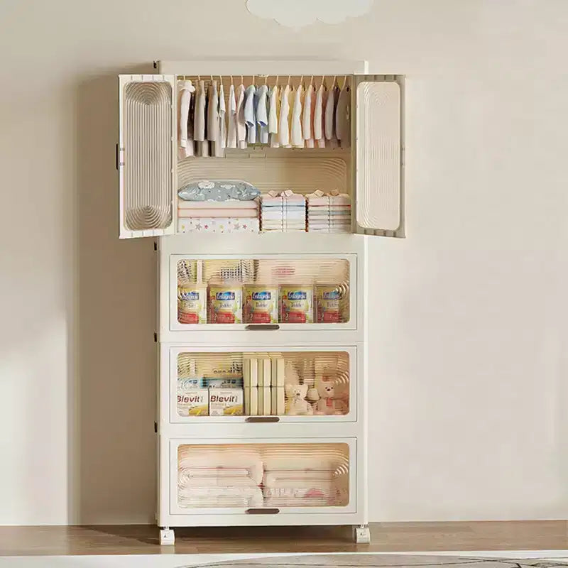 GustoWave 4-Tier Kids Wardrobe Closet - Portable Kids Closet with Doors & Wheels - Collapsible Baby Clothes Organizer with Hanging Rod & 10 Hangers