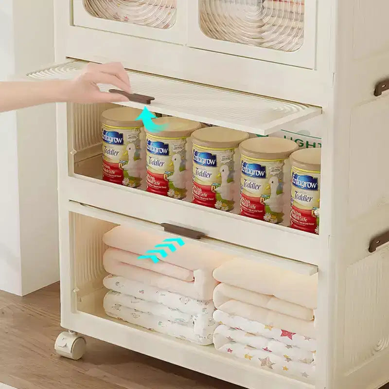 GustoWave Armadio 4 Ripiani per Bambini - Armadio Portatile per Bambini con Ante e Ruote - Organizzatore Pieghevole per Vestiti Neonati con Asta Appendini e 10 Grucce