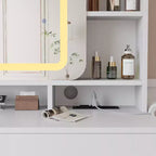 COZONY Toeletta con specchio illuminato e sgabello, tavolo da trucco scorrevole con mensole e cassetti