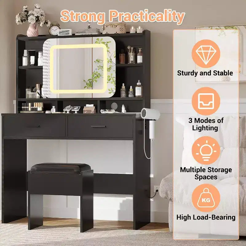 COZONY Toeletta con specchio illuminato e sgabello, tavolo da trucco scorrevole con mensole e cassetti