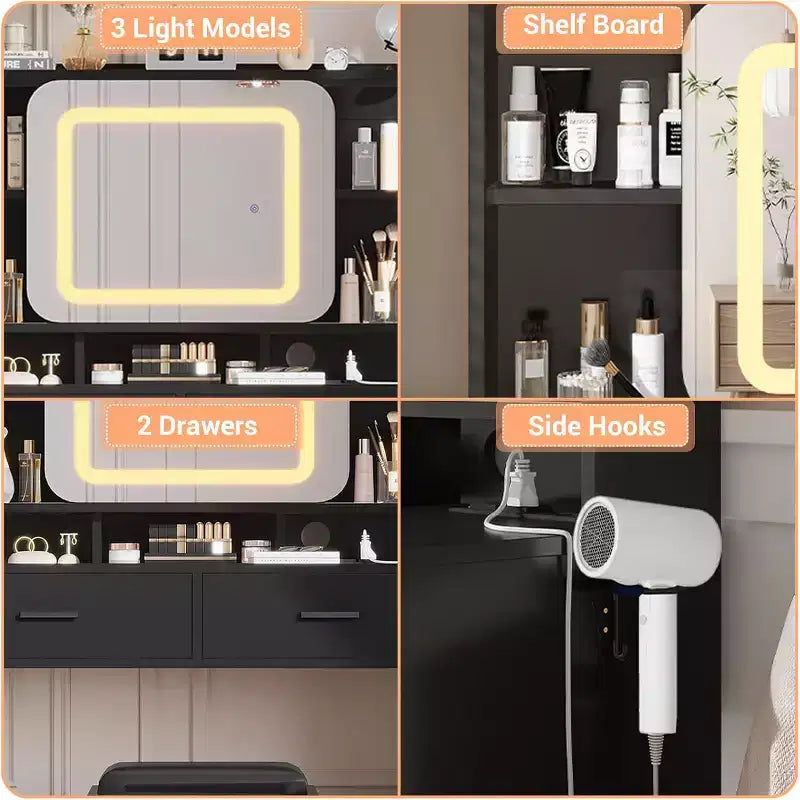 COZONY Toeletta con specchio illuminato e sgabello, tavolo da trucco scorrevole con mensole e cassetti