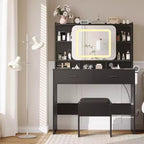 COZONY Toeletta con specchio illuminato e sgabello, tavolo da trucco scorrevole con mensole e cassetti
