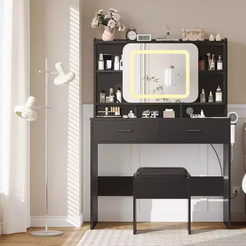 COZONY Toeletta con specchio illuminato e sgabello, tavolo da trucco scorrevole con mensole e cassetti