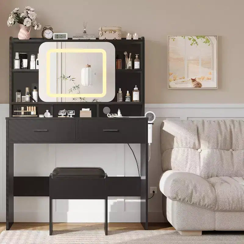 COZONY Toeletta con specchio illuminato e sgabello, tavolo da trucco scorrevole con mensole e cassetti
