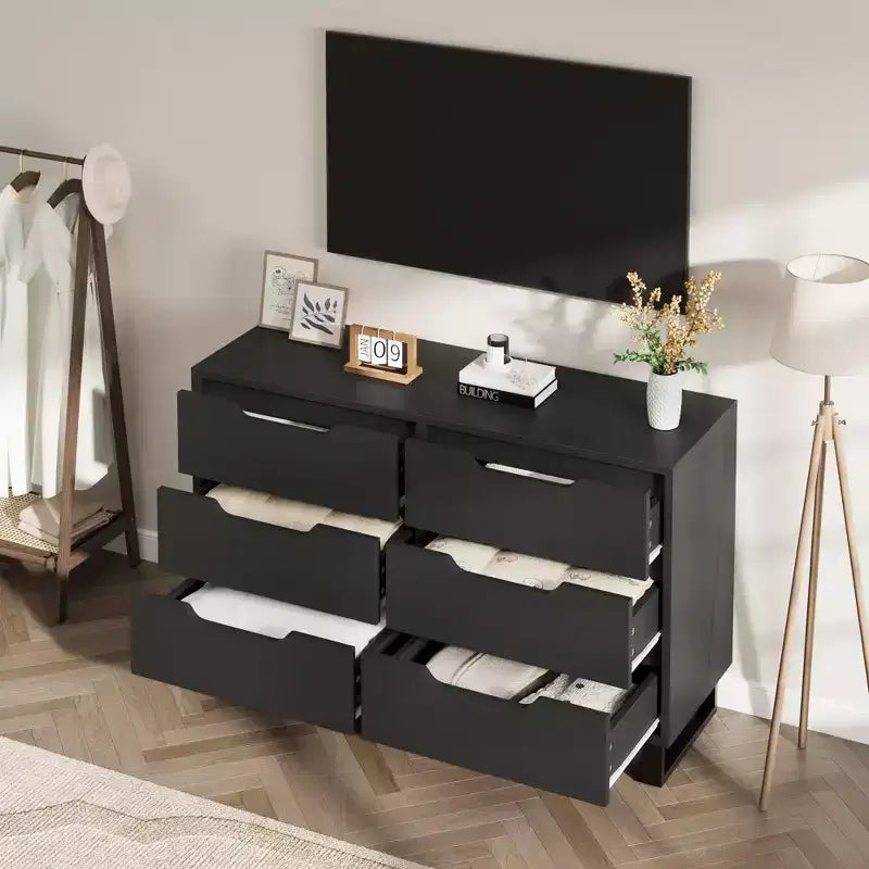 Comò a 6 cassetti GustoWave per camera da letto, comò largo 120 cm, cassettiera verticale autoportante con contenitore, cassettiera in legno per soggiorno