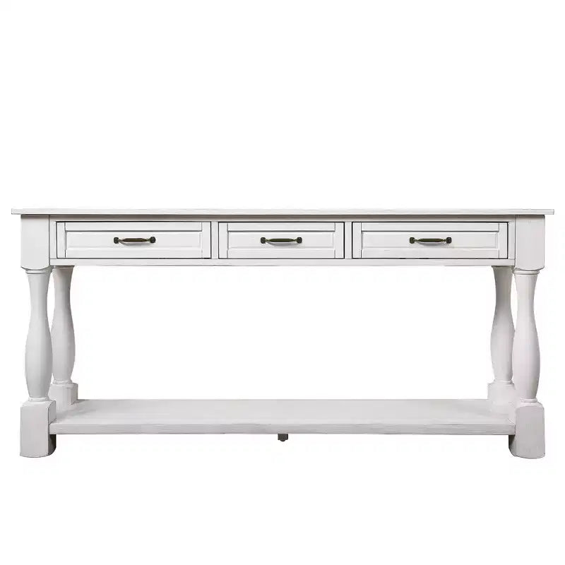 Tavolo Consolle lungo 160 cm in Legno Hostack con 3 Cassetti e 1 Ripiano Inferiore per Ingresso e Corridoio, Bianco Antico
