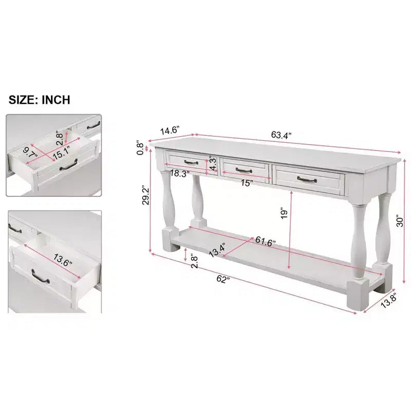 Tavolo Consolle lungo 160 cm in Legno Hostack con 3 Cassetti e 1 Ripiano Inferiore per Ingresso e Corridoio, Bianco Antico