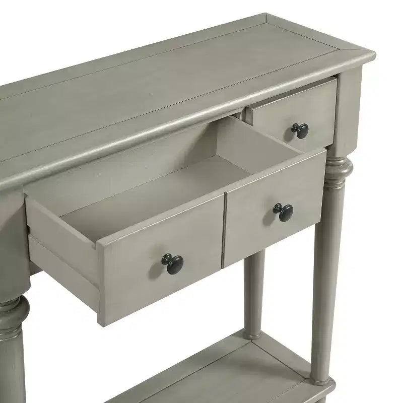 Luxystar Tavolino Consolle Retrò con 4 Cassetti, Ripiano Aperto per Ingresso e Salotto, Finitura Grigio Lavato