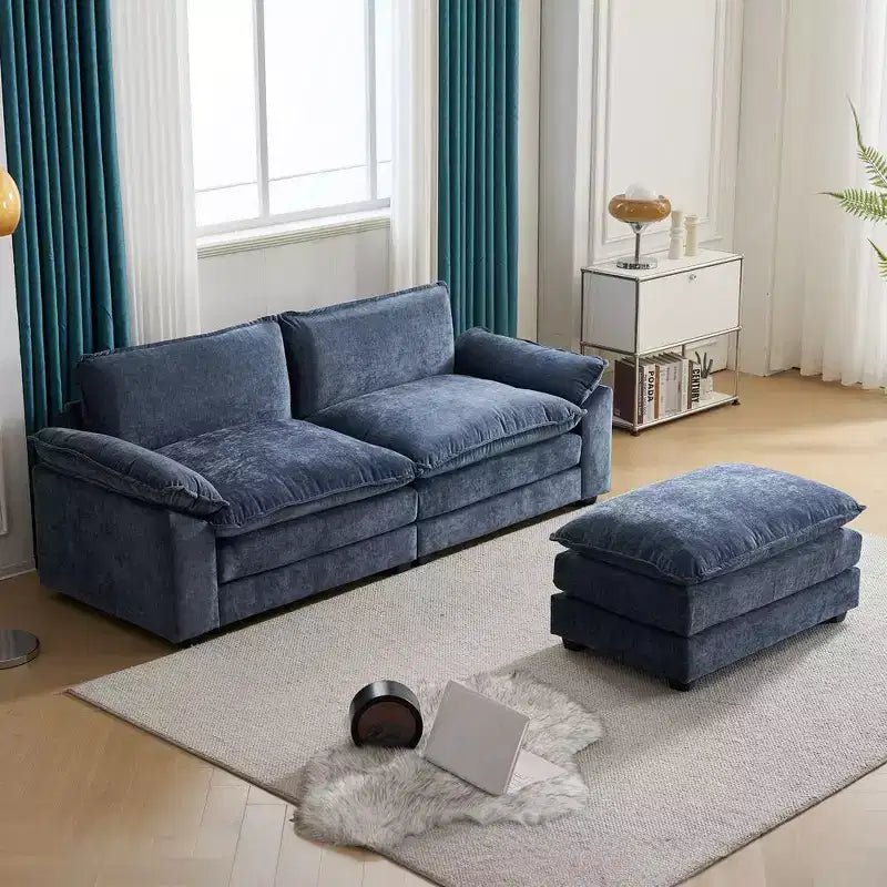 Karl Home | Divano in ciniglia blu da 216 cm con braccioli Pillow Top, cuscino a doppio strato e pouf