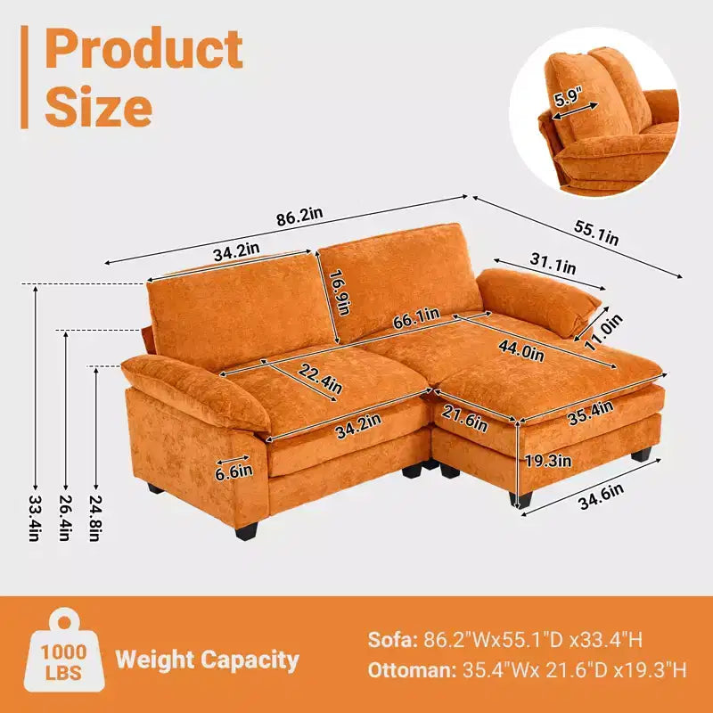 Karl Home | Divano in ciniglia blu da 216 cm con braccioli Pillow Top, cuscino a doppio strato e pouf