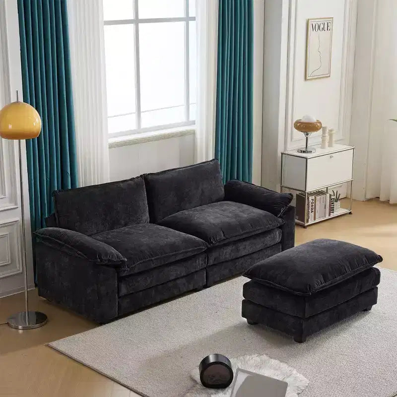 Karl Home | Divano in ciniglia blu da 216 cm con braccioli Pillow Top, cuscino a doppio strato e pouf