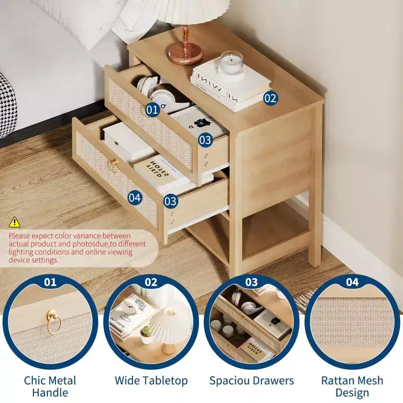 Comodini in rattan set da 2, tavolino d'appoggio con 2 cassetti e ripiano aperto, tavolino laterale per divano per piccoli spazi, comodino per soggiorno