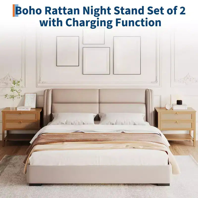 Comodini in rattan set da 2, tavolino d'appoggio con 2 cassetti e ripiano aperto, tavolino laterale per divano per piccoli spazi, comodino per soggiorno