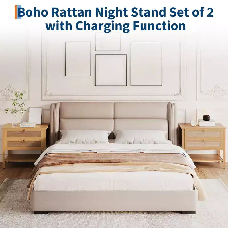 Comodini in rattan set da 2, tavolino d'appoggio con 2 cassetti e ripiano aperto, tavolino laterale per divano per piccoli spazi, comodino per soggiorno
