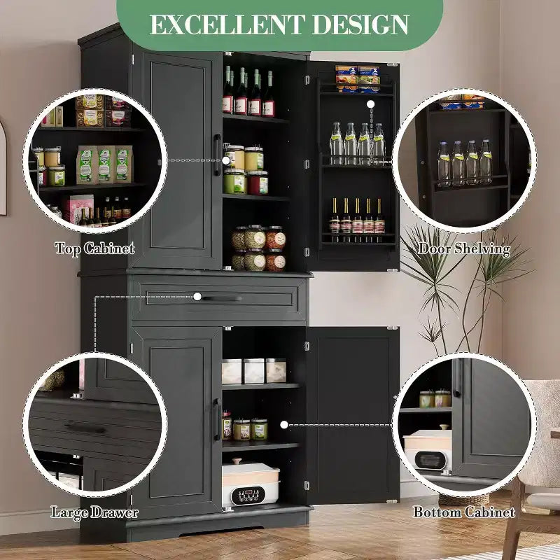 COZONY Mobile dispensa da cucina alto 183 cm con cassetto e ripiani regolabili, Credenza stile rustico per sala da pranzo o lavanderia