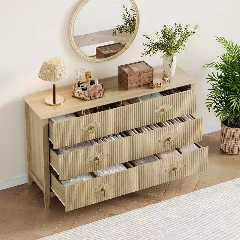 Cassettiera a 6 cassetti per camera da letto, comò in legno da 54W con maniglie in metallo, organizer per vestiti a coste, mobile TV per corridoio