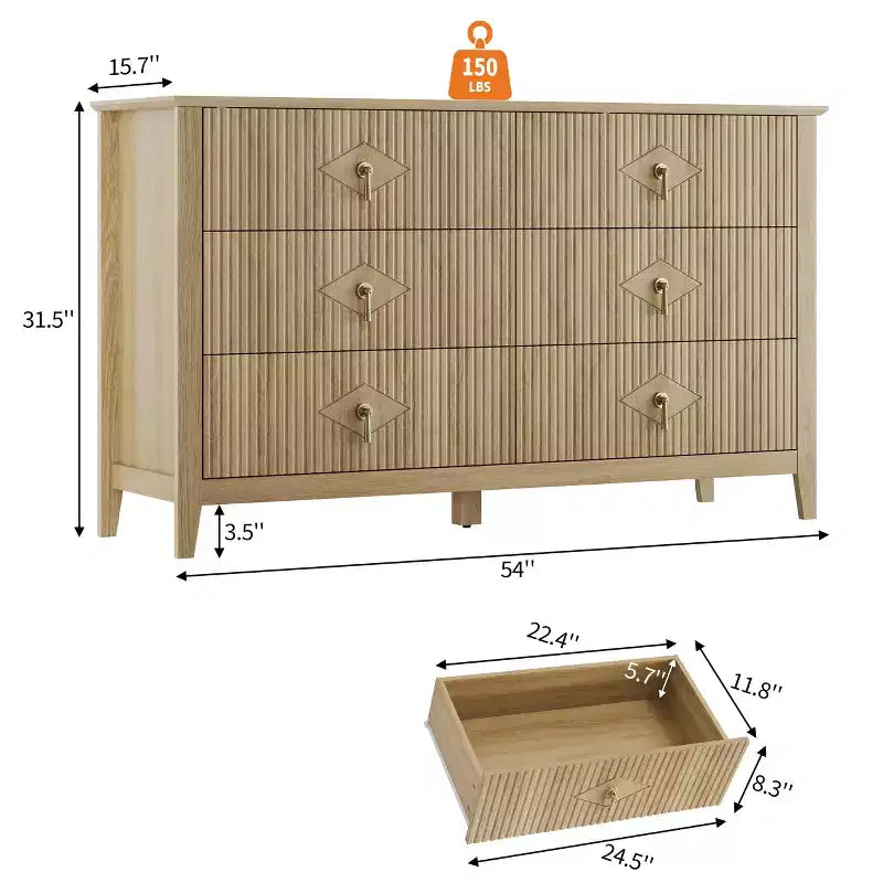 Cassettiera a 6 cassetti per camera da letto, comò in legno da 54W con maniglie in metallo, organizer per vestiti a coste, mobile TV per corridoio
