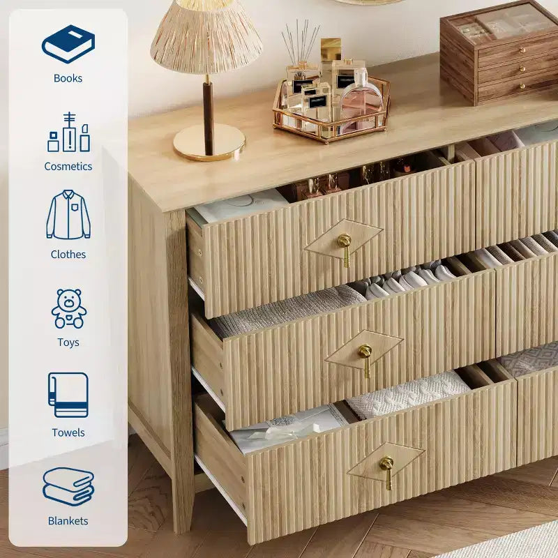 Cassettiera a 6 cassetti per camera da letto, comò in legno da 54W con maniglie in metallo, organizer per vestiti a coste, mobile TV per corridoio