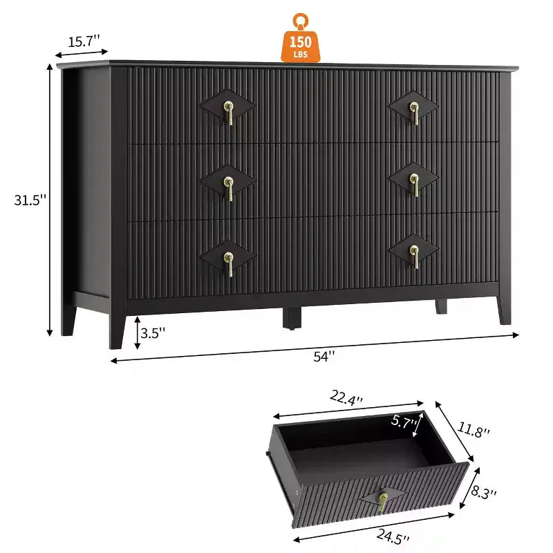Cassettiera a 6 cassetti per camera da letto, comò in legno da 54W con maniglie in metallo, organizer per vestiti a coste, mobile TV per corridoio