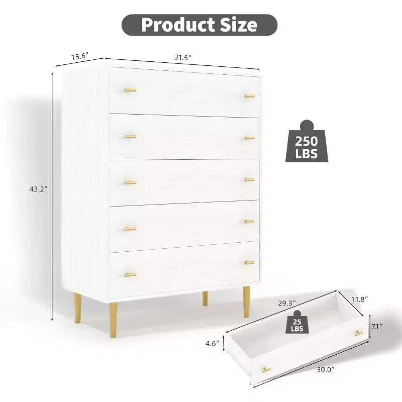 Acekool Cassettiera a 5 Cassetti, Comò Alto 44 con Maniglie a Barra, Organizer Contenitore Moderno Stile Fattoria per Camera da Letto, Soggiorno