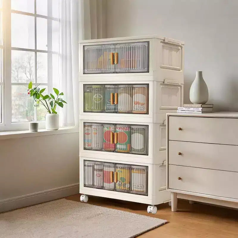 Acekool Contenitori Pieghevoli da 31,5 Pollici con Coperchio, Organizzatore Impilabile a 4 Livelli con Ante Magnetiche e Ruote per Soggiorno