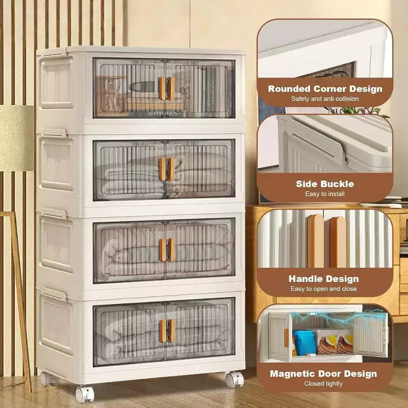 Acekool Contenitori Pieghevoli da 31,5 Pollici con Coperchio, Organizzatore Impilabile a 4 Livelli con Ante Magnetiche e Ruote per Soggiorno
