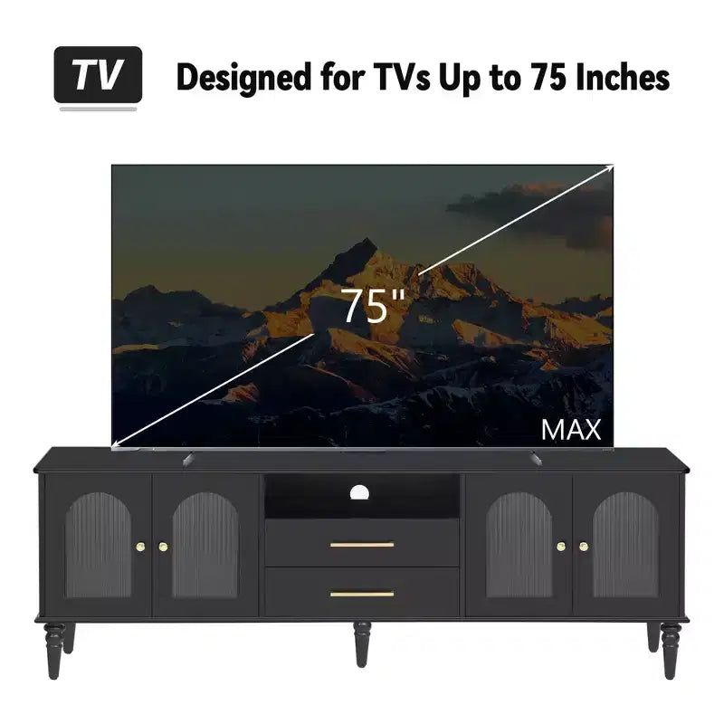Mobile TV Bestier 69 retrò per TV fino a 75 pollici, mobile TV da soggiorno con ante ad arco in vetro scanalato, 2 cassetti portaoggetti