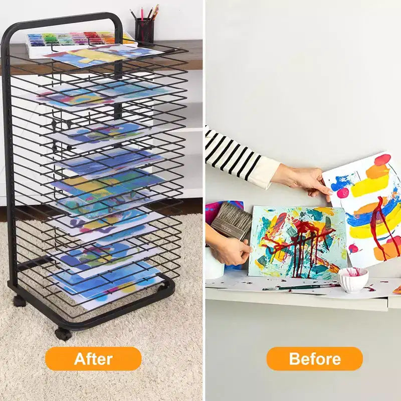 Carrello Essiccatoio per Pitture, Rastrelliera Essiccatoio per Dipinti - 25 Ripiani Rimovibili, Mobile in Metallo per Aula, Studi d'Arte, 13.5x17.5x41.5