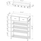 Scarpiera a 4 ripiani con 2 cassetti, scarpiera portaoggetti, set singolo, scarpiera da ingresso con contenitore e ganci, ingresso 80 x 30 x 107,5 cm