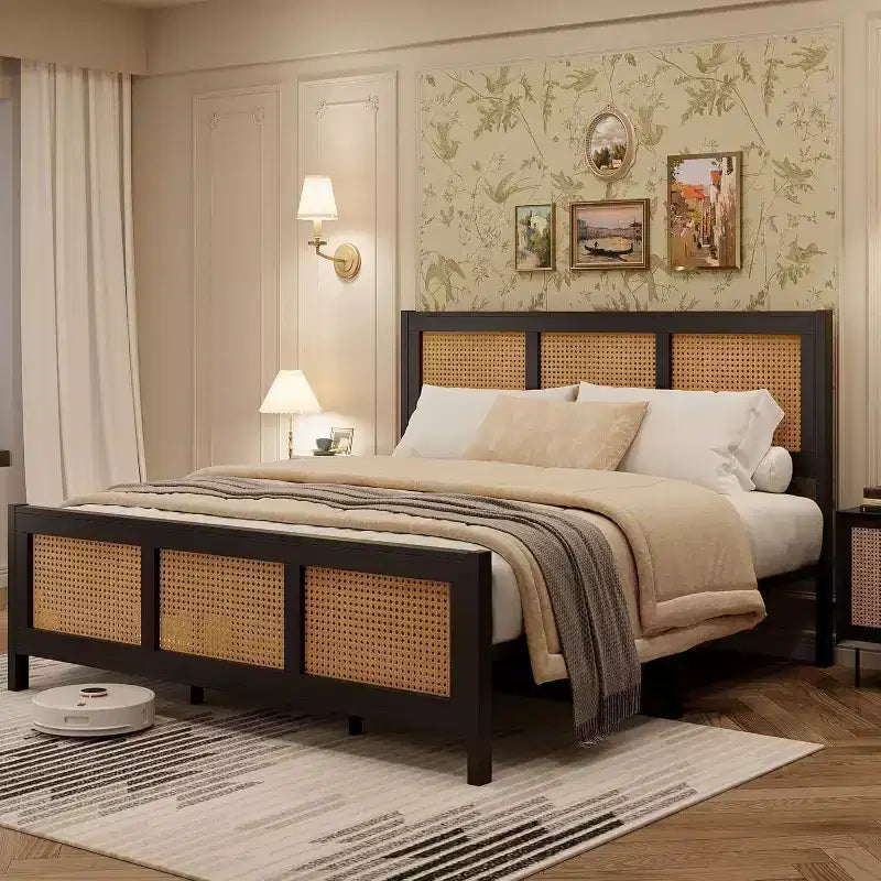 Coolmee Letto Matrimoniale King Size in Rattan con Testiera, Struttura Letto Boho con Rete Metallica Robusta, Silenzioso, Nessuna Molla Richiesta