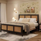 Coolmee Letto Matrimoniale King Size in Rattan con Testiera, Struttura Letto Boho con Rete Metallica Robusta, Silenzioso, Nessuna Molla Richiesta