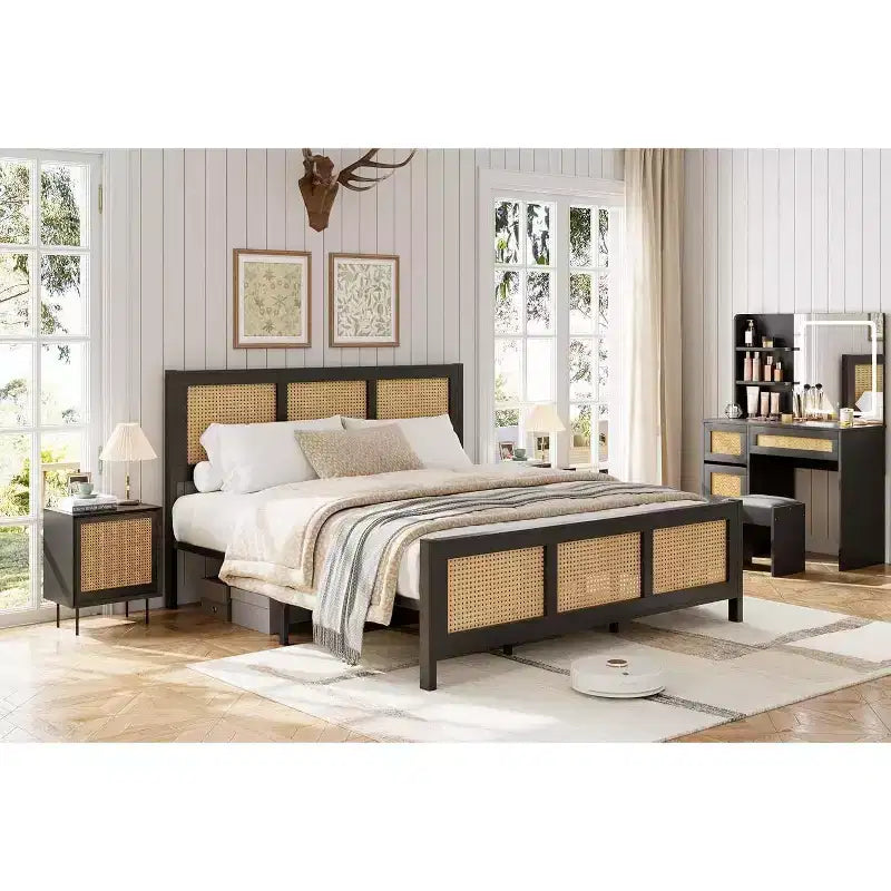 Coolmee Letto Matrimoniale King Size in Rattan con Testiera, Struttura Letto Boho con Rete Metallica Robusta, Silenzioso, Nessuna Molla Richiesta