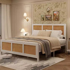 Coolmee Letto Matrimoniale King Size in Rattan con Testiera, Struttura Letto Boho con Rete Metallica Robusta, Silenzioso, Nessuna Molla Richiesta