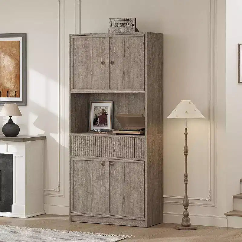 Dispensa a colonna scanalata da 70 cm - Mobile contenitore con piano di lavoro, ante e cassetto per cucina e sala da pranzo