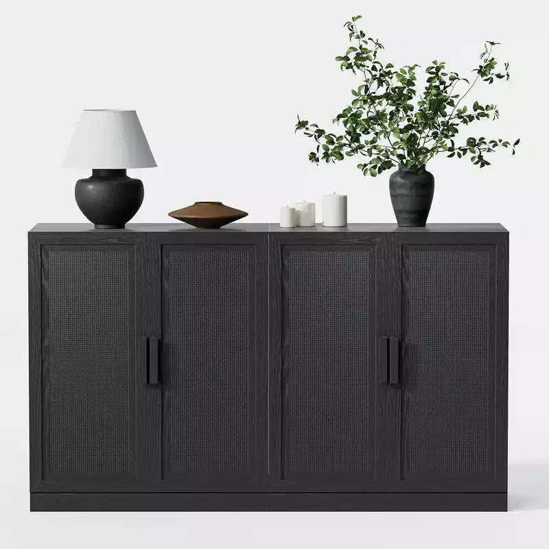 PexFix 62 W x 31 H Madia Moderna con Ante a 4 Pannelli in Rattan Mobile Buffet Credenza Consolle con Vano Contenitore per Corridoio Ingresso Sala da Pranzo Nero