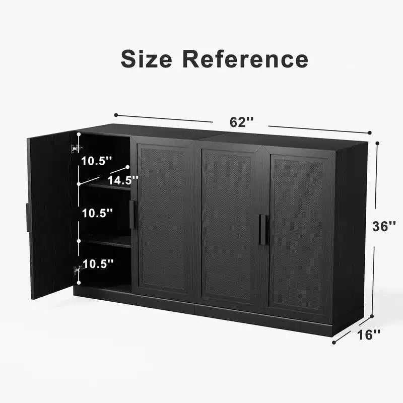 PexFix 62 W x 31 H Madia Moderna con Ante a 4 Pannelli in Rattan Mobile Buffet Credenza Consolle con Vano Contenitore per Corridoio Ingresso Sala da Pranzo Nero