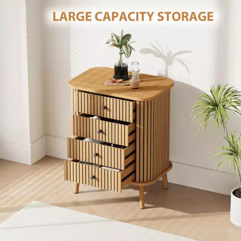 Cassettiera COZONY a 4 cassetti, mobile con cassetti in vimini bohémien con maniglie nere opache e gambe in legno per camera da letto, soggiorno, corridoio