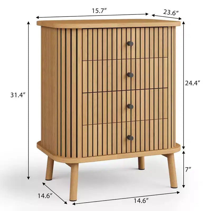 Cassettiera COZONY a 4 cassetti, mobile con cassetti in vimini bohémien con maniglie nere opache e gambe in legno per camera da letto, soggiorno, corridoio