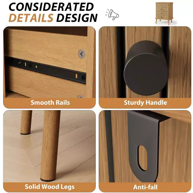 Cassettiera COZONY a 4 cassetti, mobile con cassetti in vimini bohémien con maniglie nere opache e gambe in legno per camera da letto, soggiorno, corridoio