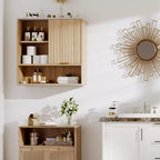 CuisinSmart Mobiletto da Bagno a Parete con Porta Scorrevole, Armadietto dei Medicinali con Piano Effetto Marmo, Ripiano Regolabile e Spazio di Archiviazione Aperto