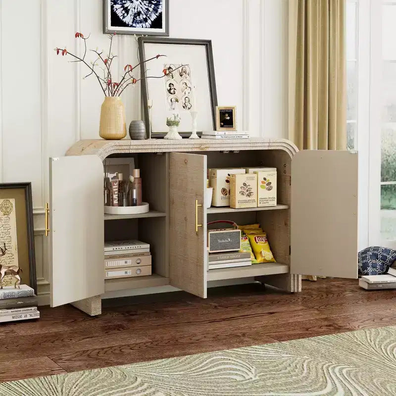 Bestier Mobile Contenitore a Buffet con Ante e Cassetti, Credenza Moderna Minimalista Curva con Maniglie Dorate per Soggiorno e Sala da Pranzo