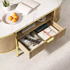 Acekool Tavolino da caffè ovale da 48 pollici con ripiano in finto marmo, gambe in metallo dorato, design in legno scanalato e cassetto portaoggetti, tavolo moderno per soggiorno blu navy
