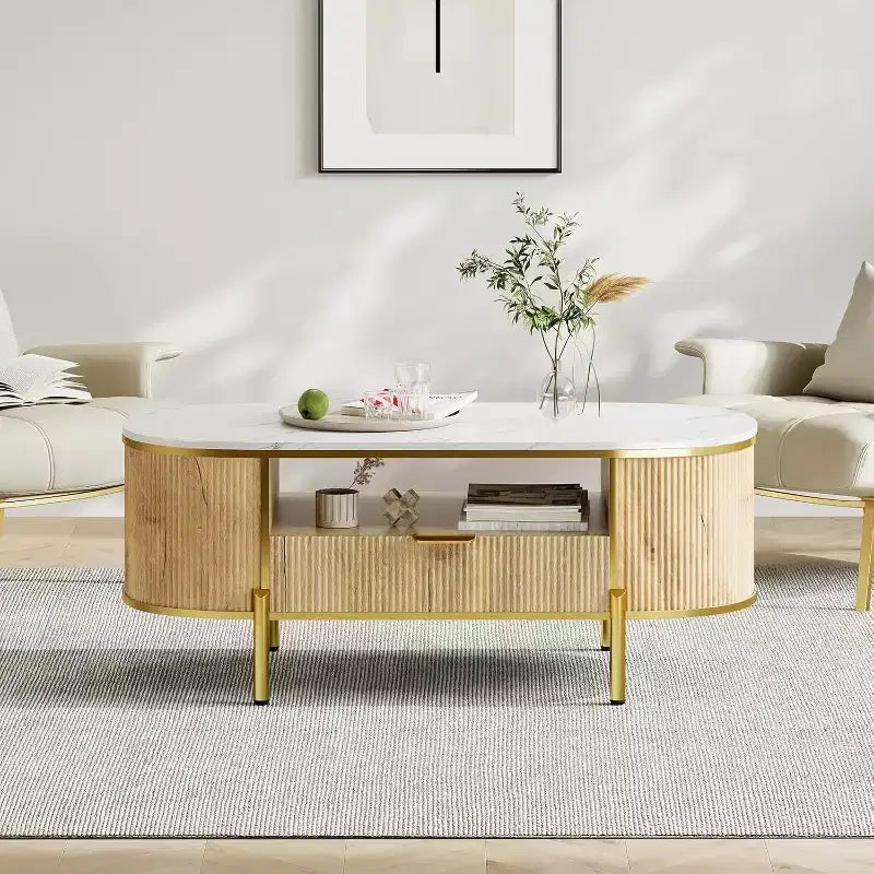Acekool Tavolino da caffè ovale da 48 pollici con ripiano in finto marmo, gambe in metallo dorato, design in legno scanalato e cassetto portaoggetti, tavolo moderno per soggiorno blu navy