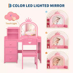 Acekool Toeletta Bianca da Principessa per Bambini con Specchio a Corona e Luci LED, Cassetti e Ripiani Contenitori, Tavolo da Trucco e Attività 2 in 1 con Sedia