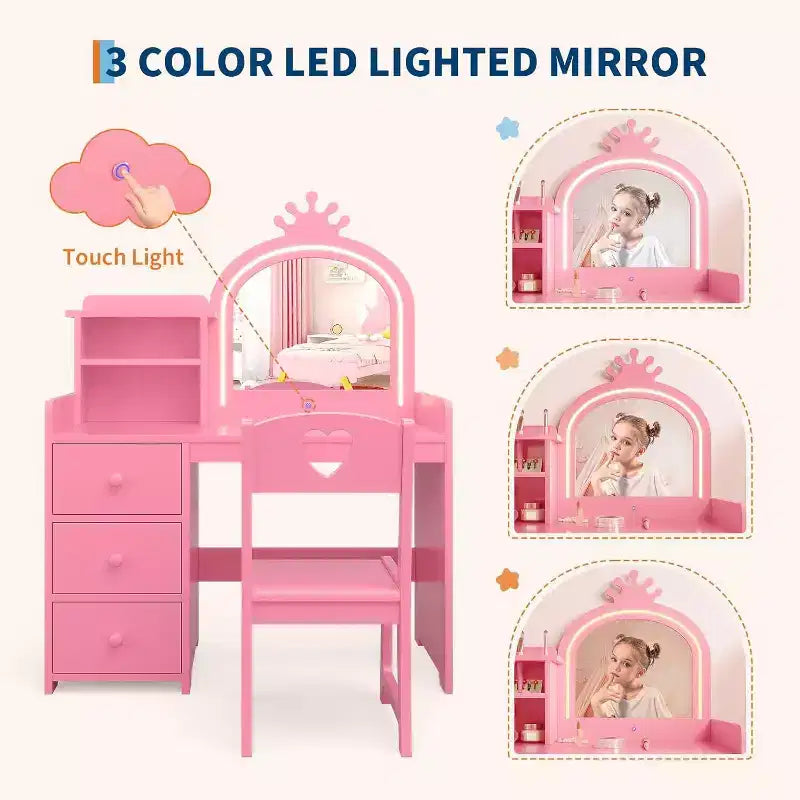 Acekool Toeletta Bianca da Principessa per Bambini con Specchio a Corona e Luci LED, Cassetti e Ripiani Contenitori, Tavolo da Trucco e Attività 2 in 1 con Sedia