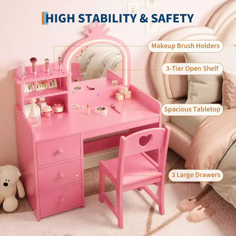Acekool Toeletta Bianca da Principessa per Bambini con Specchio a Corona e Luci LED, Cassetti e Ripiani Contenitori, Tavolo da Trucco e Attività 2 in 1 con Sedia