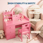 Acekool Toeletta Bianca da Principessa per Bambini con Specchio a Corona e Luci LED, Cassetti e Ripiani Contenitori, Tavolo da Trucco e Attività 2 in 1 con Sedia
