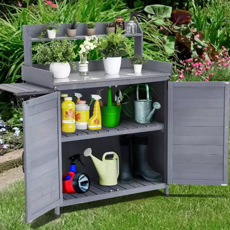 Acekool Banco da Lavoro per Invasatura in Legno Massello - Tavolo da Giardino Esterno con Piano in Metallo, Armadietto Contenitore e Copertura per Attrezzi da Giardinaggio